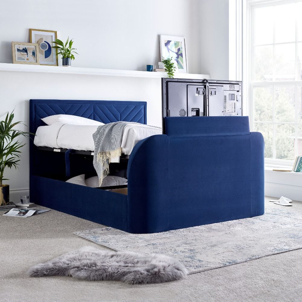 Sherlock Blue Velvet Ottoman TV Bed Happy Beds