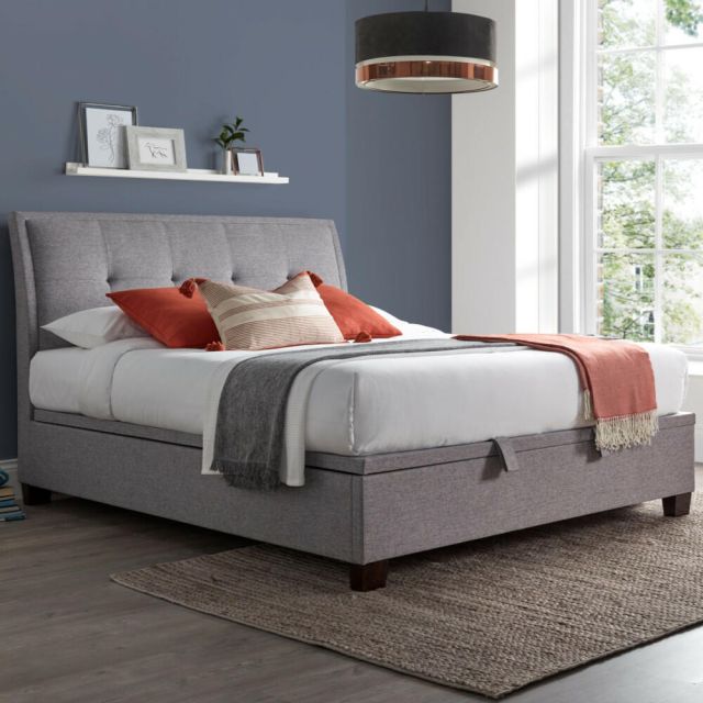Accent Light Grey Fabric Ottoman Storage Bed Frame - 6ft Super King Size