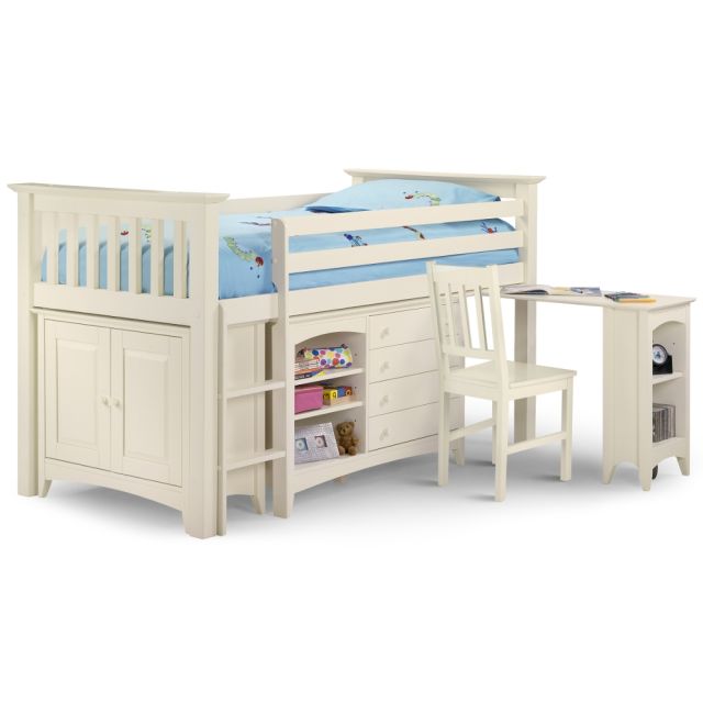 Cameo Stone White Finish Solid Pine Wooden Kids Mid Sleeper Sleep Station Desk Cabin Storage Bed