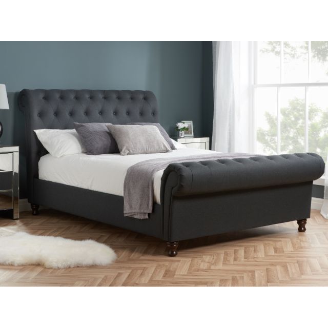 Castello Charcoal Fabric Scroll Sleigh Bed Frame - 4ft6 Double