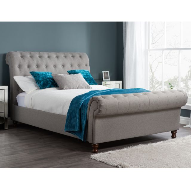 Castello Grey Fabric Scroll Sleigh Bed Frame  - 6ft Super King Size