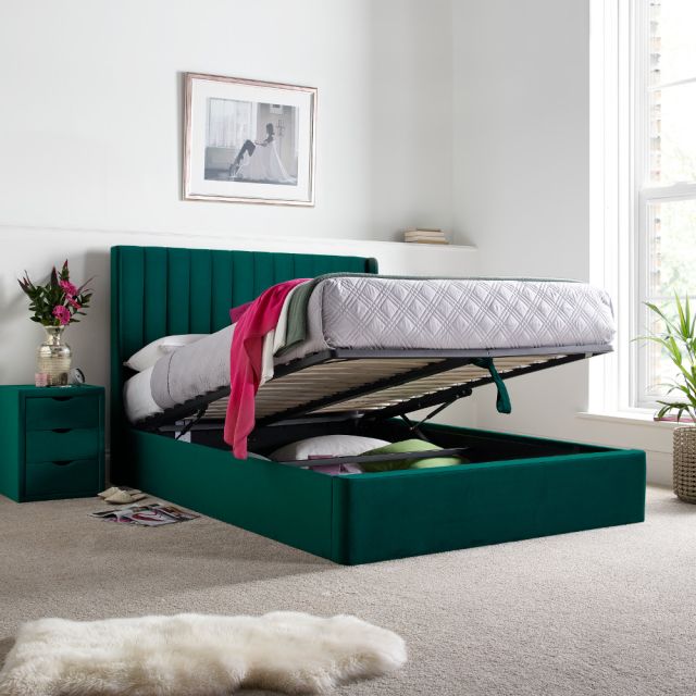 Harper Green Velvet Ottoman Storage Bed