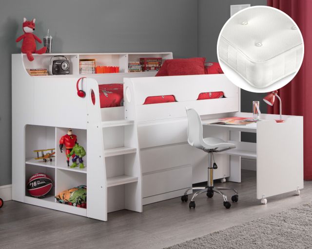 Jupiter White Mid Sleeper Cabin Bed with Clay Mattress Included