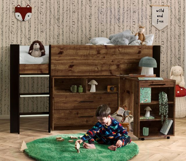 Otis Rustic and Black Wooden Storage Mid Sleeper Kids Bed