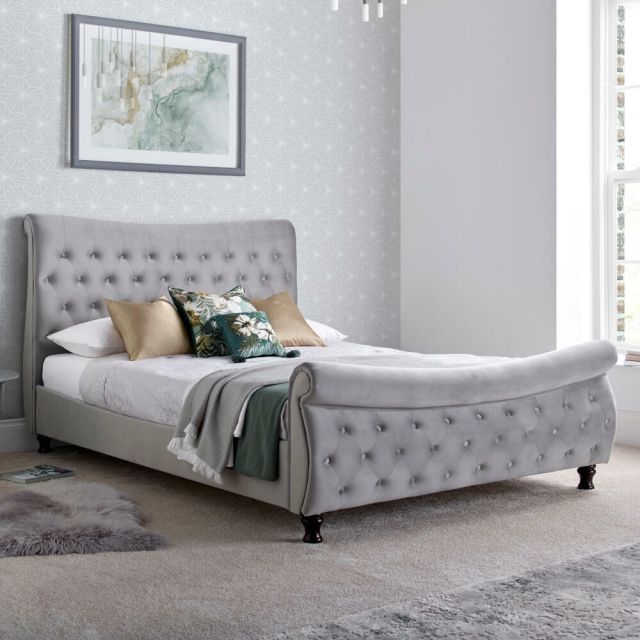 Oxford Grey Velvet Fabric Sleigh Bed