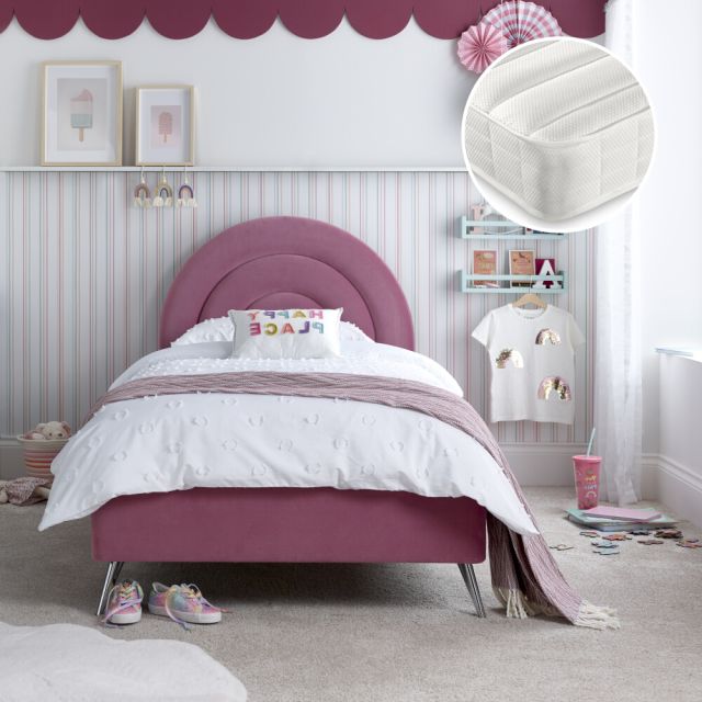 Rainbow Pink Velvet Kids Bed with Ethan Mattress Included