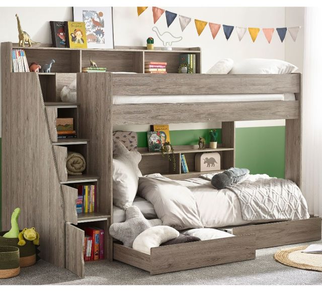 Tuscan Grey Oak Wooden Staircase Bunk Bed