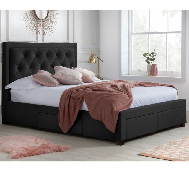 Woodbury Black Velvet Fabric 4 Drawer Storage Bed Frame - 6ft Super King Size