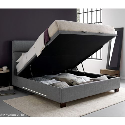 Chilton Grey Fabric Ottoman Storage Bed, Headboard With Usb Ports And Lights