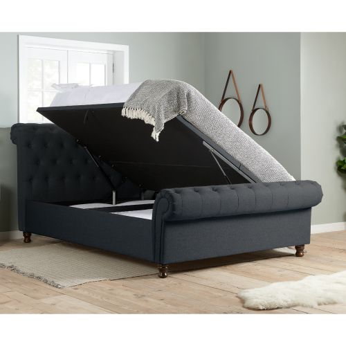 Castello Charcoal Fabric Ottoman Scroll, Castello Grey Sleigh Fabric Bed Frame Instructions