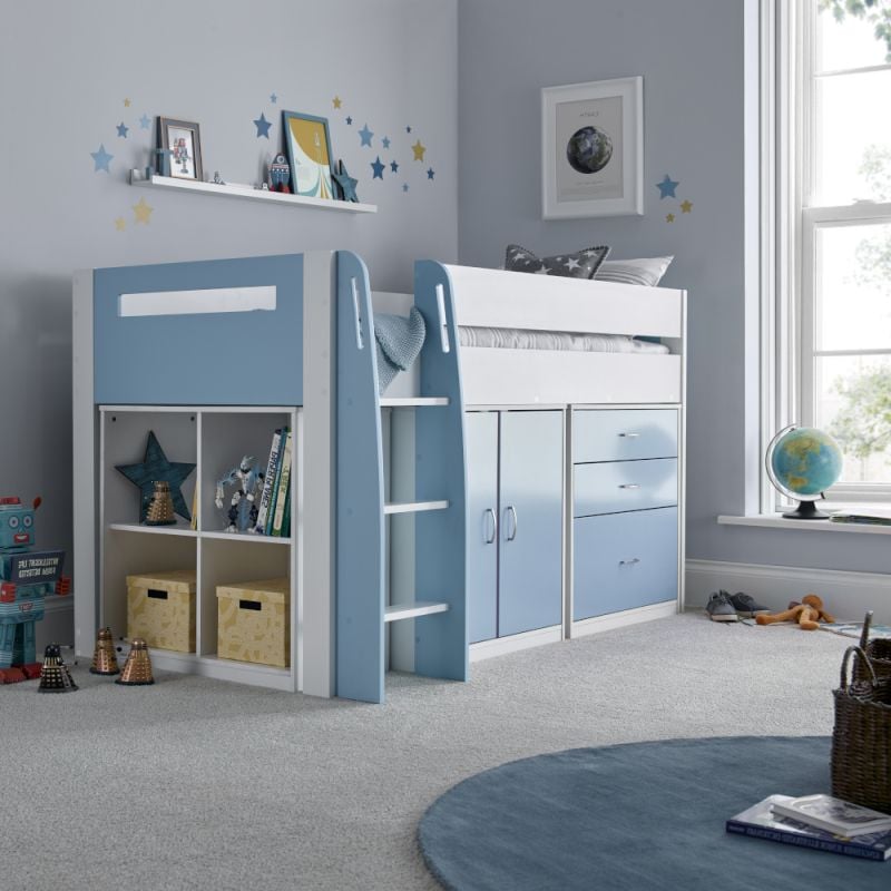 Lacy White and Blue Wooden Storage Midsleeper Bed