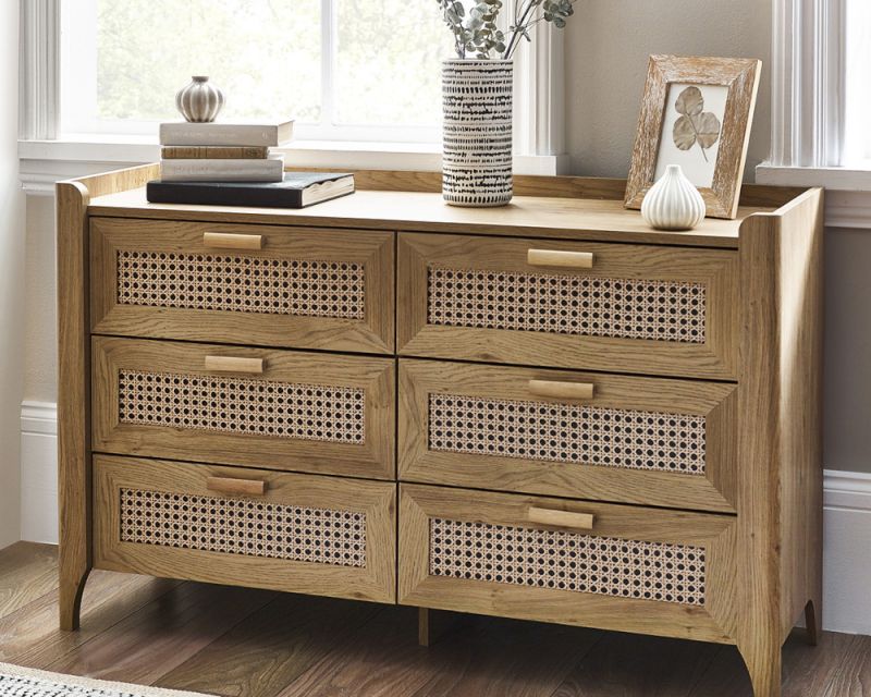 Sydney Oak Rattan Wide 6 Drawer Chest of Drawers