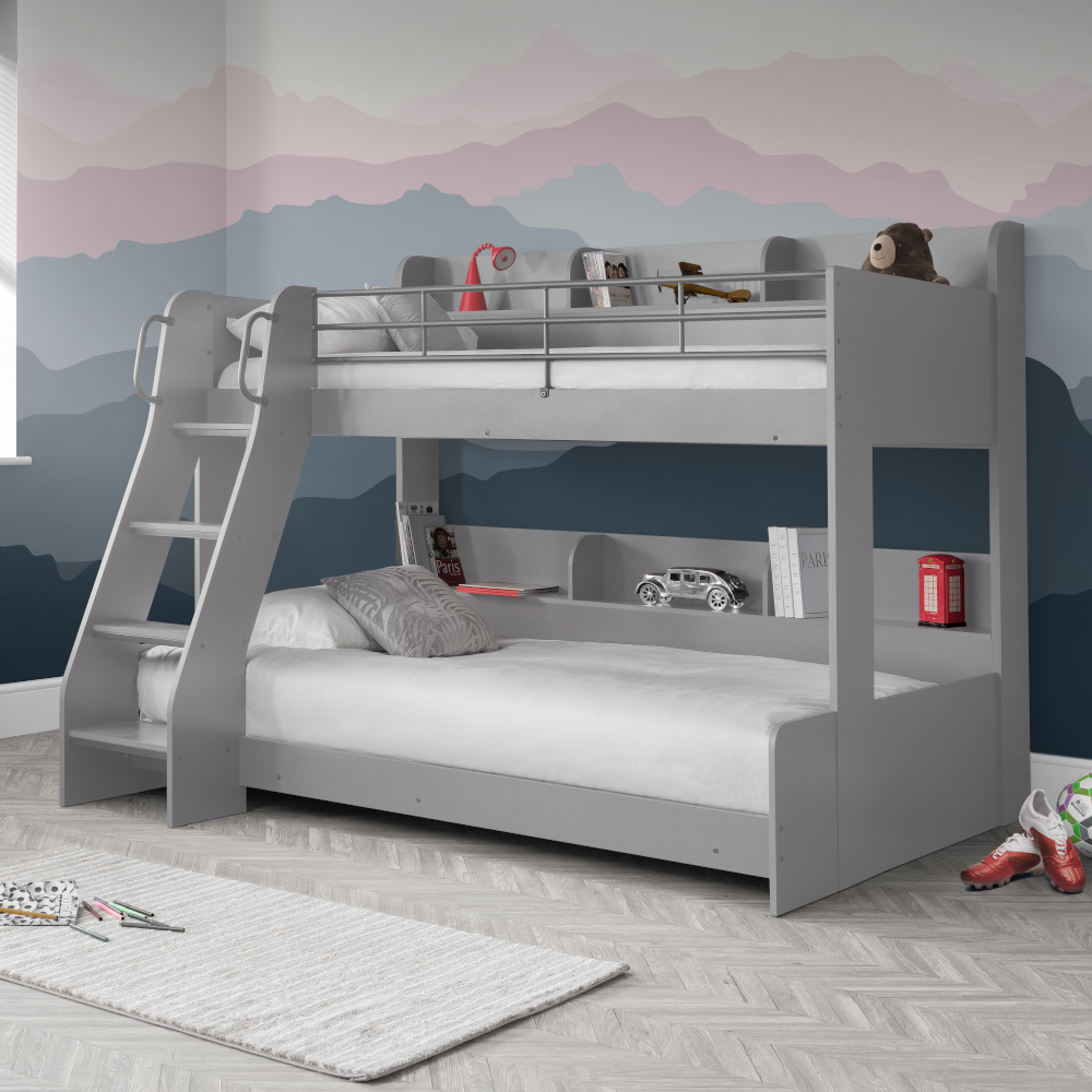 Domino - Kids Triple Sleeper Bunk Bed - Light Grey - Wooden - Single Top and Small Double Bottom - 3ft and 4ft - Happy Beds