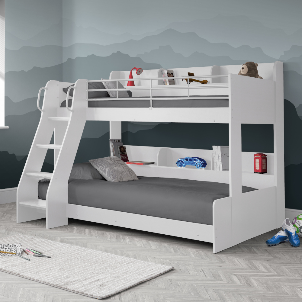 Domino - Kids Triple Sleeper Bunk Bed - Single Top and Small Double Bottom -White - Wooden - 3ft and 4ft - Happy Beds