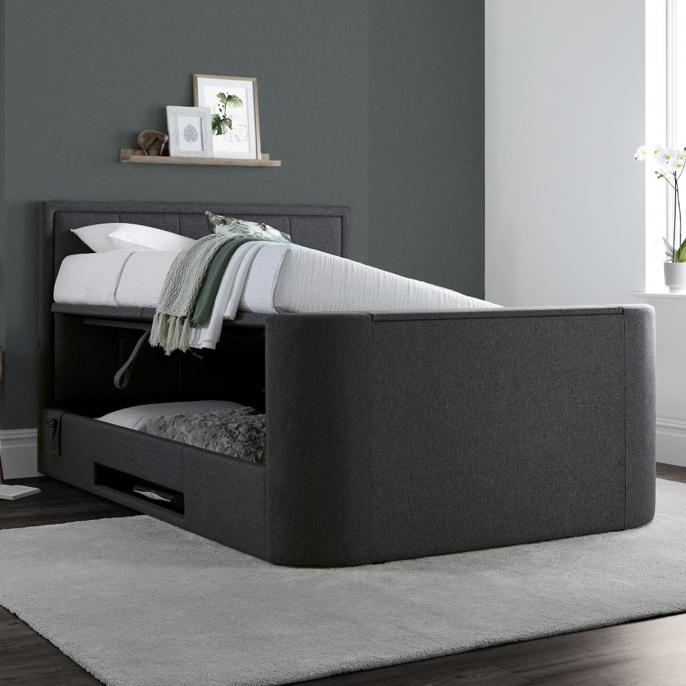 Eston - Double - Ottoman TV Bed - Grey - Fabric - 4ft6 - Happy Beds