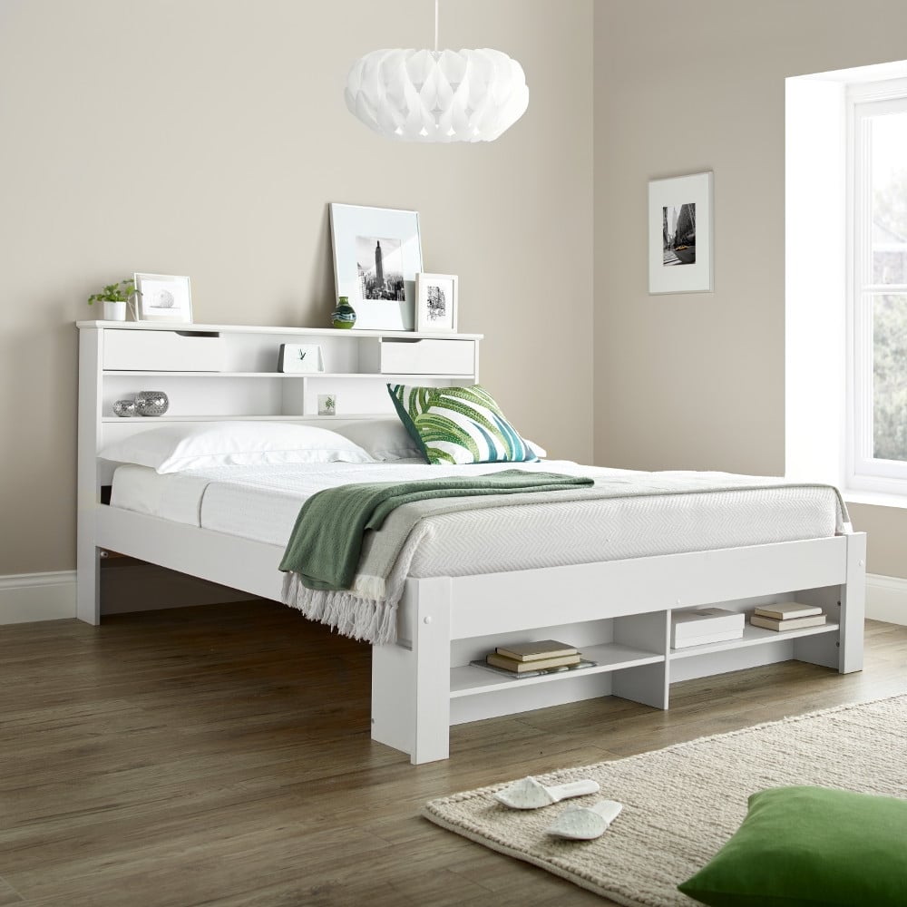Fabio White Wooden Bookcase Storage Bed, King Bed With Bookcase Headboard And Drawers