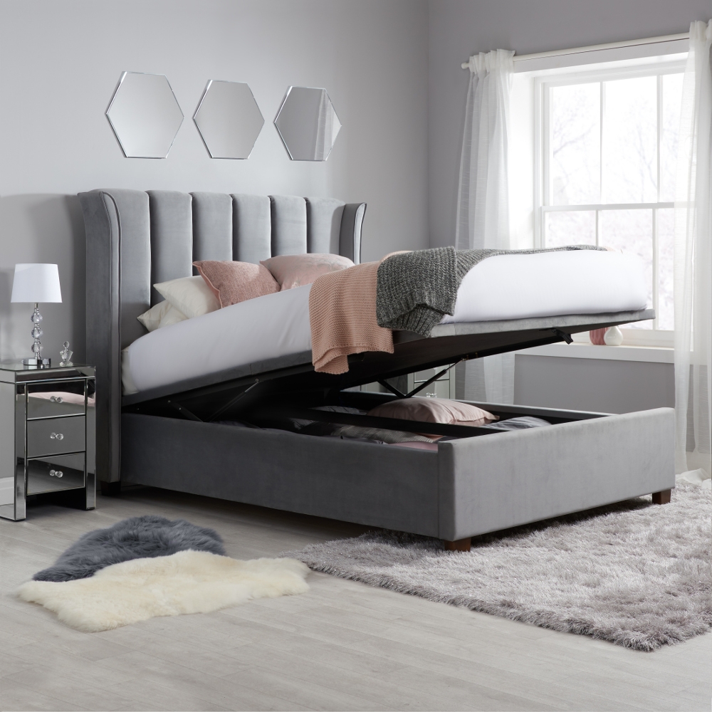 Fenton Grey Velvet Fabric Ottoman Bed, Grey King Size Bed