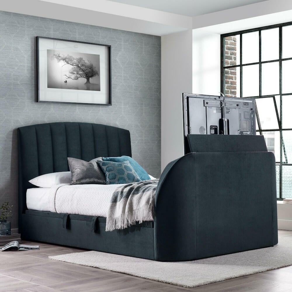 Flintstone - King Size - Side-Opening Ottoman Storage Electric TV Bed - Dark Onyx Grey - Velvet - 5ft - Happy Beds