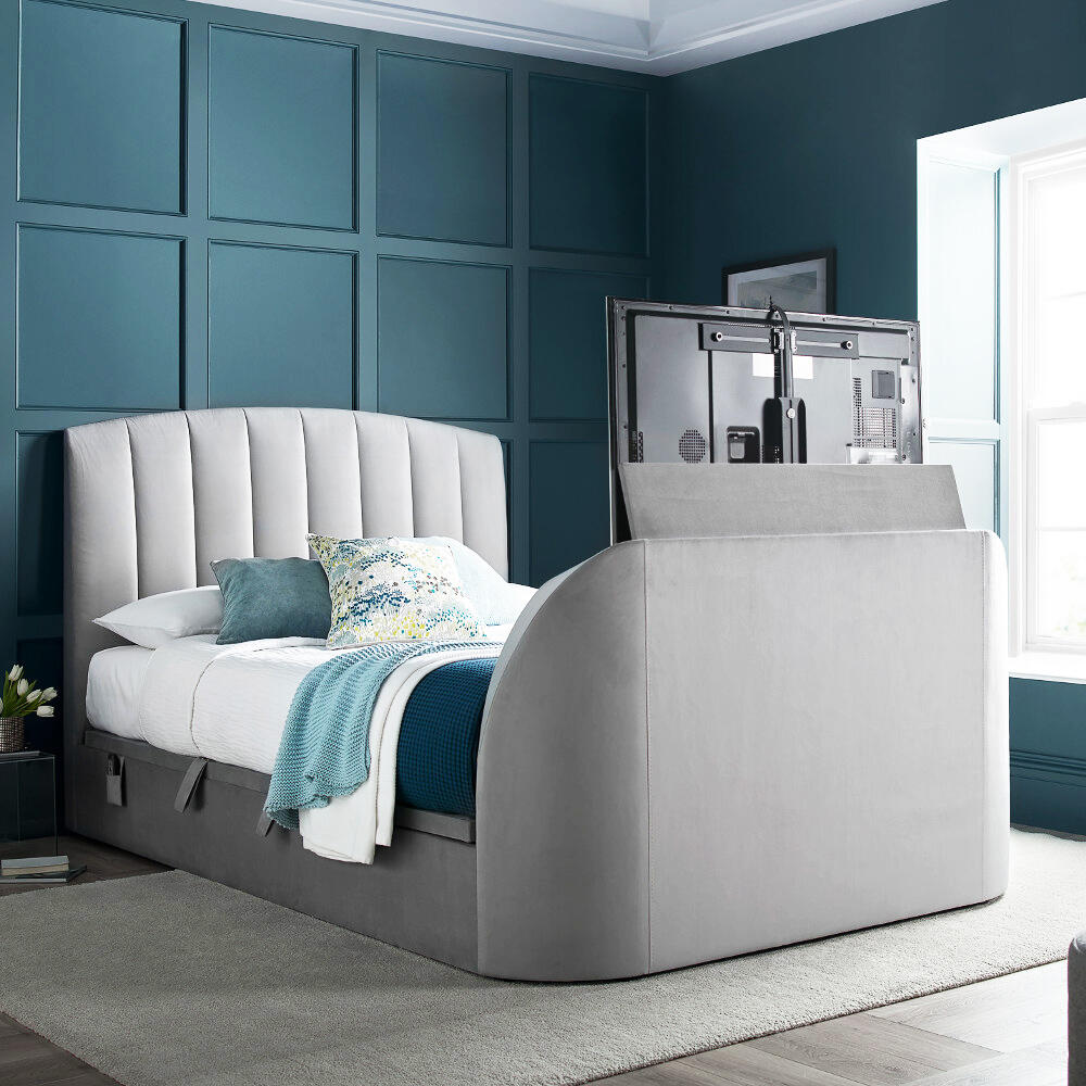 Flintstone - Super King Size - Side-Opening Ottoman Storage Electric TV Bed - Light Plume Grey - Velvet - 6ft - Happy Beds