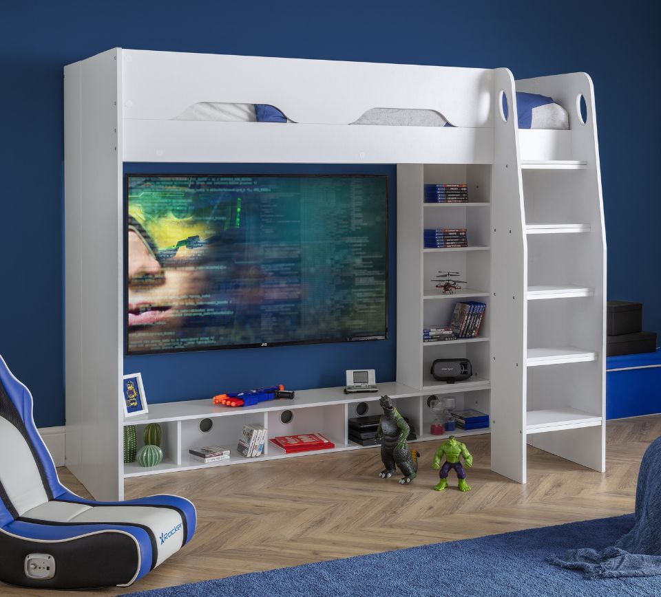 Galaxy - Single - Gaming High Sleeper Bed - White - Wood - 3ft - Happy Beds