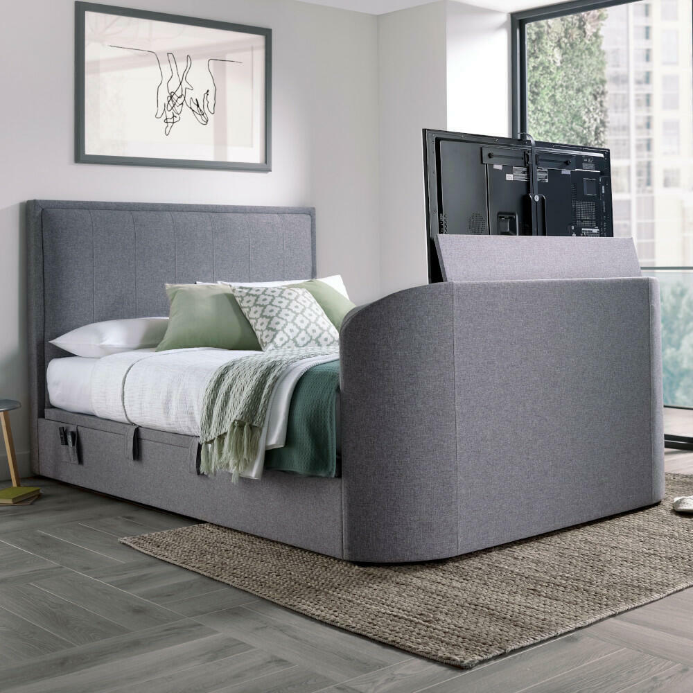 Griffin - King Size - Side-Opening Ottoman Storage Media Electric TV Bed - Light Grey - Velvet - 5ft - Happy Beds