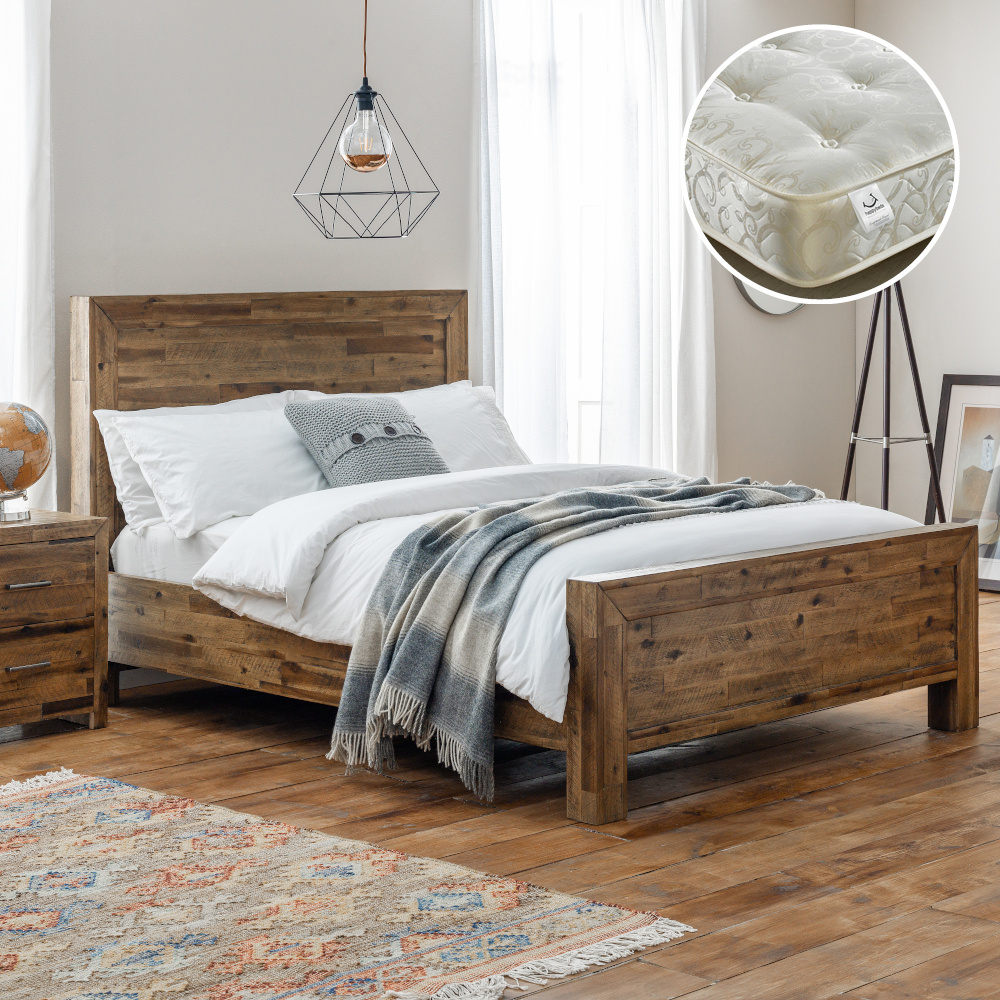 Hoxton/Gold - Super King Size - Low Foot-End Bed and Tufted Orthopaedic Spring Mattress Included - Oak/White - Wooden/Fabric - 6ft - Happy Beds