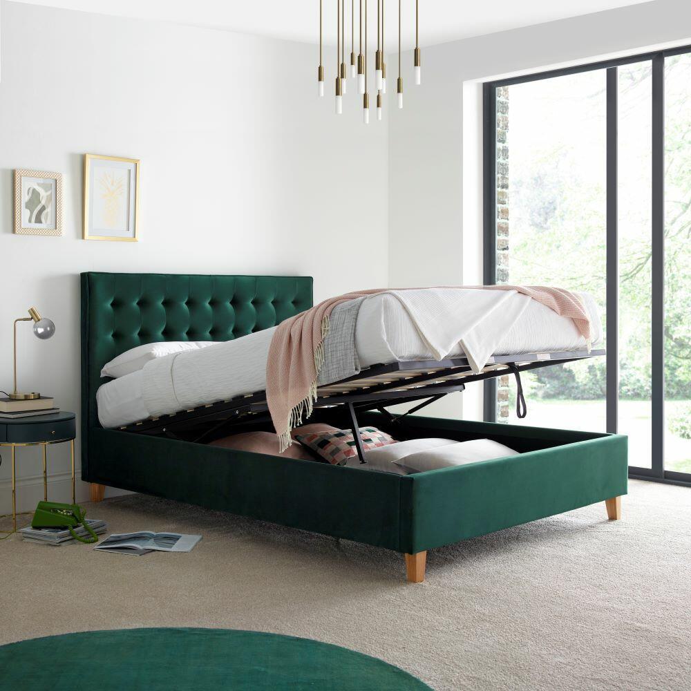 Kingham - Small Double - Ottoman Storage Bed - Green - Velvet - 4ft - Happy Beds
