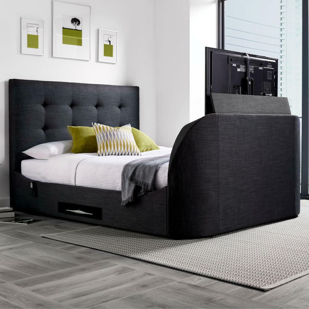 Lannister - Double - Electric TV Bed - Dark Grey - Fabric - 4ft6 - Happy Beds