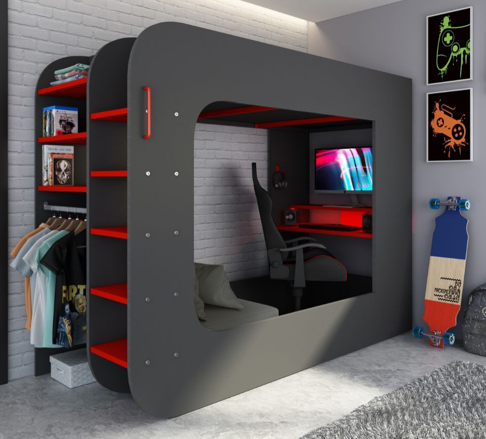 Pod Bed - Grey and Red - High Sleeper - Gaming Bed - With Sofa - Happy Beds