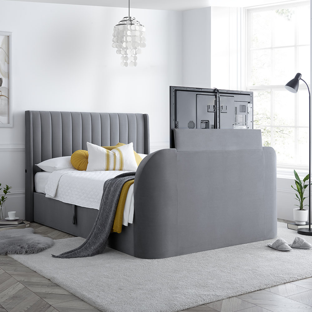 Luther - King Size - Winged Electric Ottoman Storage TV Bed - Grey - Velvet - 5ft - Happy Beds