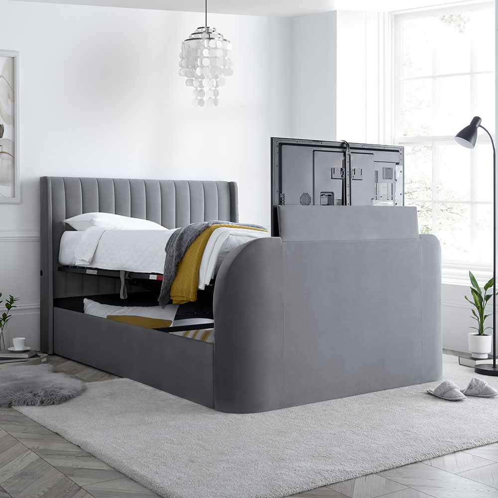 Luther - Double - Electric Winged Ottoman Storage TV Bed - Grey - Velvet - 4ft6 - Happy Beds