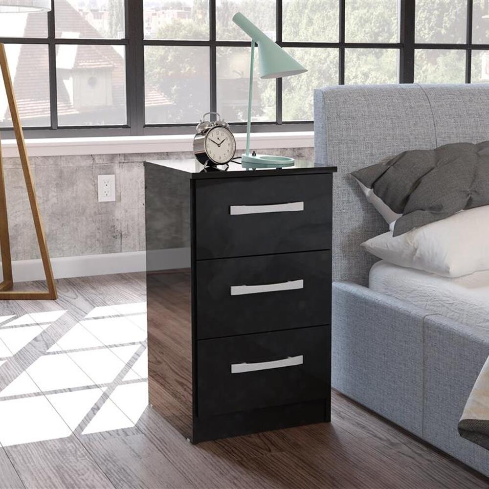 Lynx - Gloss 3 Drawer Bedside Table - Black - Wooden - Happy Beds