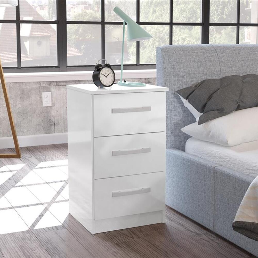 Lynx - Gloss 3 Drawer Bedside Table - White - Wooden - Happy Beds