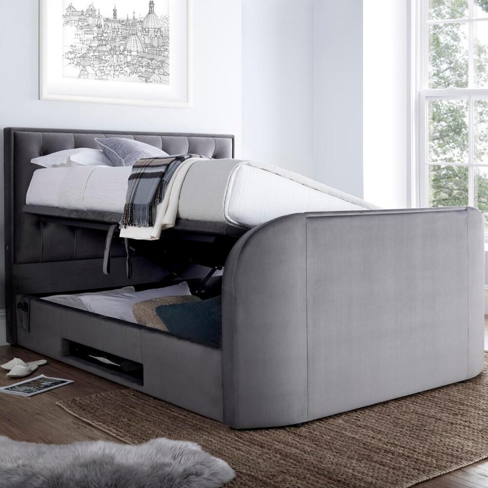 Lyon - Double - Ottoman TV Bed - Grey - Velvet - 4ft6 - Happy Beds