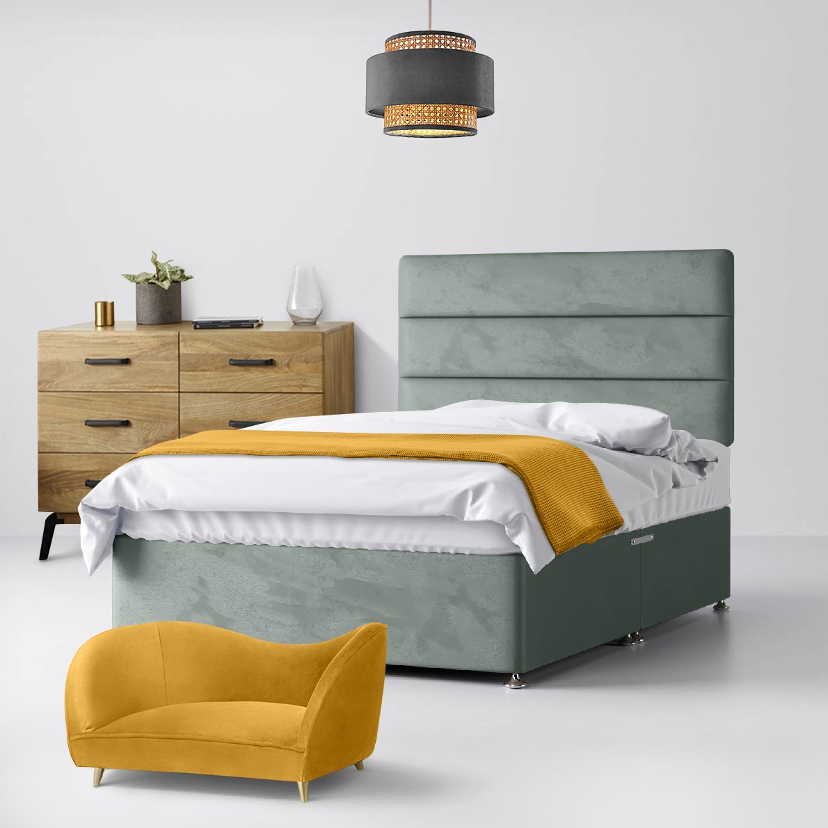 Small Double - Divan Bed and Cornell Lined Headboard - Light Grey - Velvet - 4ft - Happy Beds