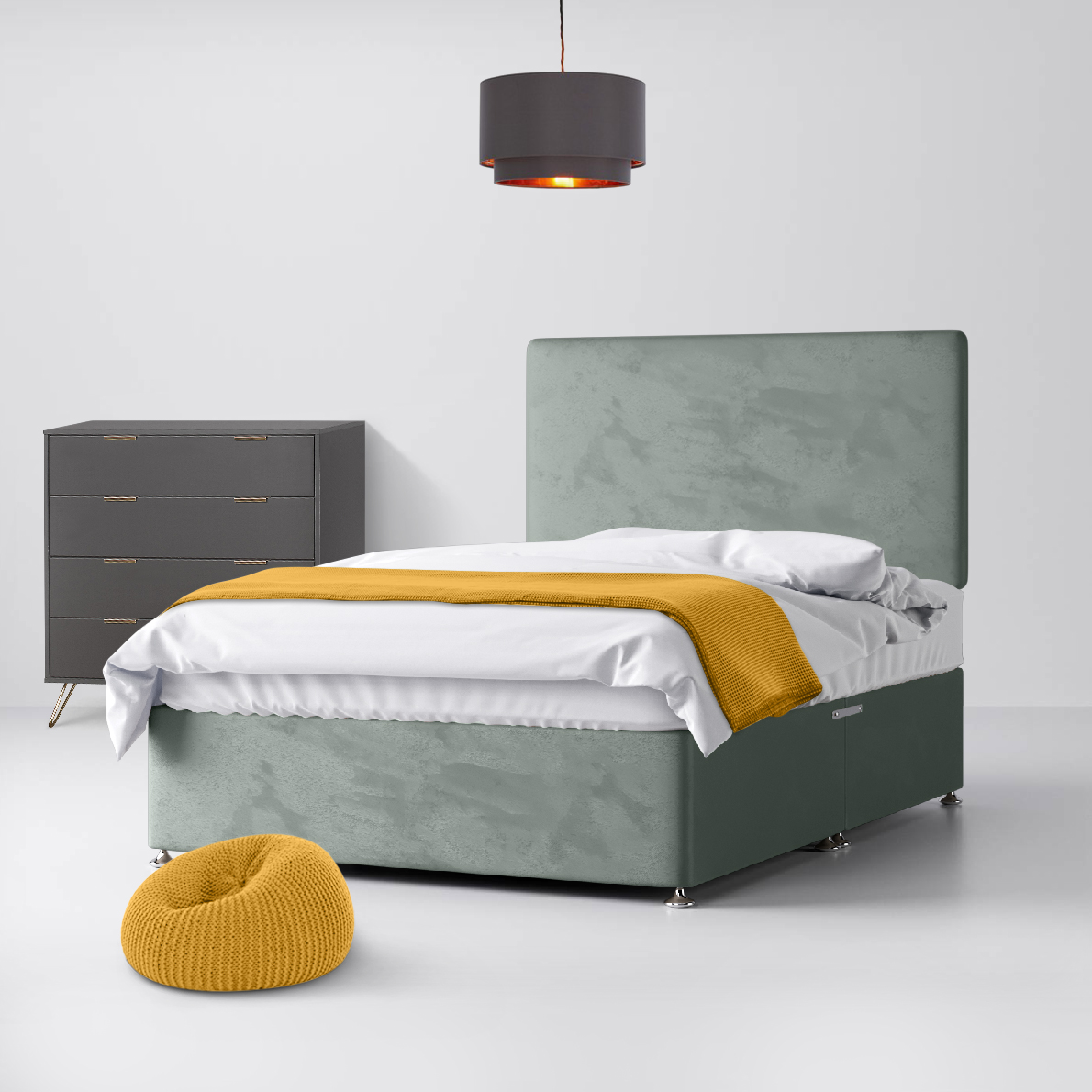 Small Double - Divan Bed and Cornell Plain Headboard - Light Grey - Velvet - 4ft - Happy Beds