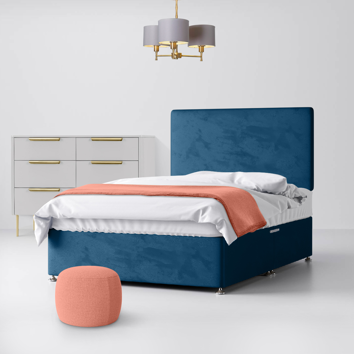 Small Single - Divan Bed and Cornell Plain Headboard - Deep Blue - Velvet - 2ft6 - Happy Beds