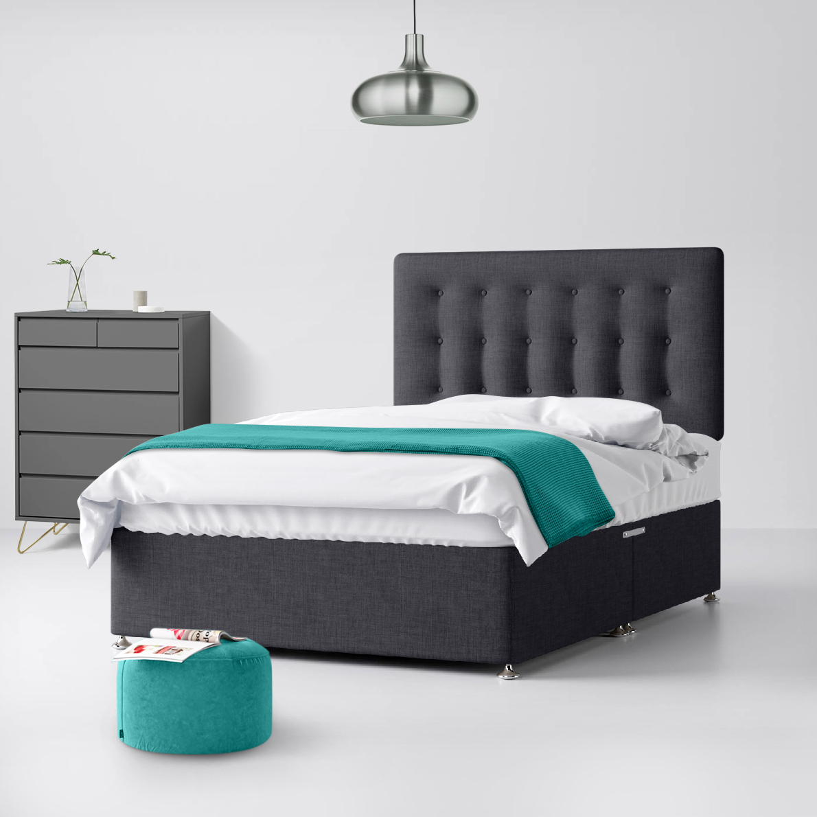 Single - Divan Bed and Cornell Buttoned Headboard - Dark Grey - Charcoal - Fabric - 3ft - Happy Beds