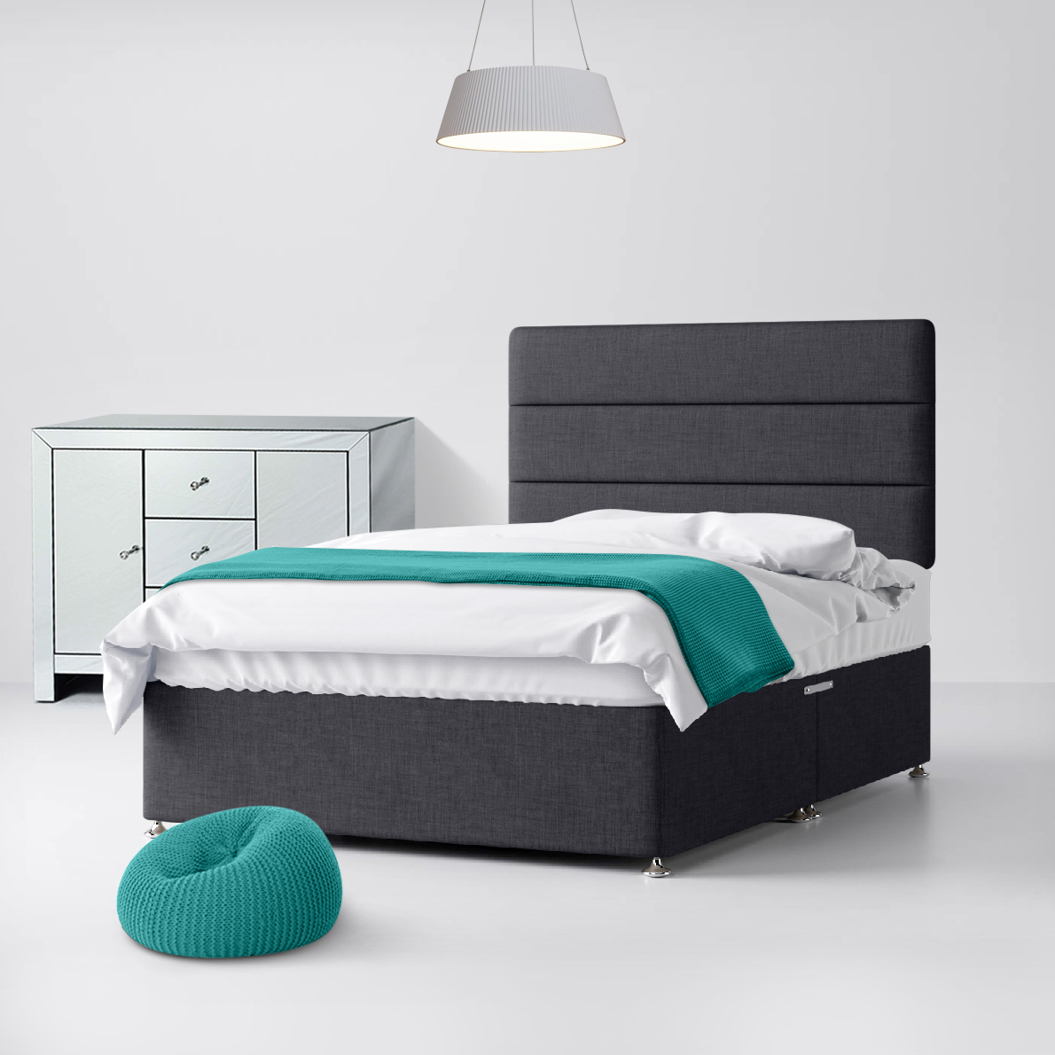 Small Double - Divan Bed and Cornell Lined Headboard - Dark Grey - Charcoal - Fabric - 4ft - Happy Beds