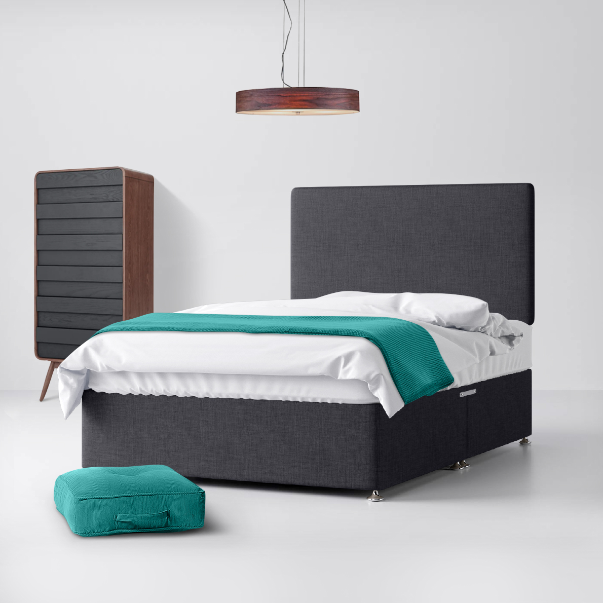 Super King Size - Divan Bed and Cornell Plain Headboard - Dark Grey - Charcoal - Fabric - 6ft - Happy Beds