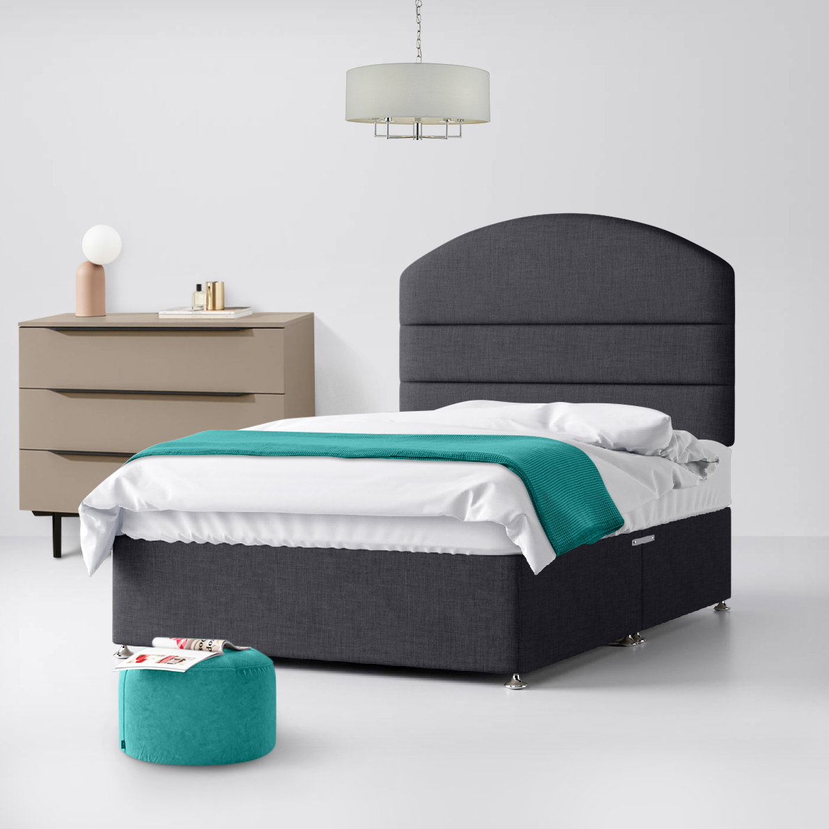 Small Double - Divan Bed and Dudley Lined Headboard - Dark Grey - Charcoal - Fabric - 4ft - Happy Beds