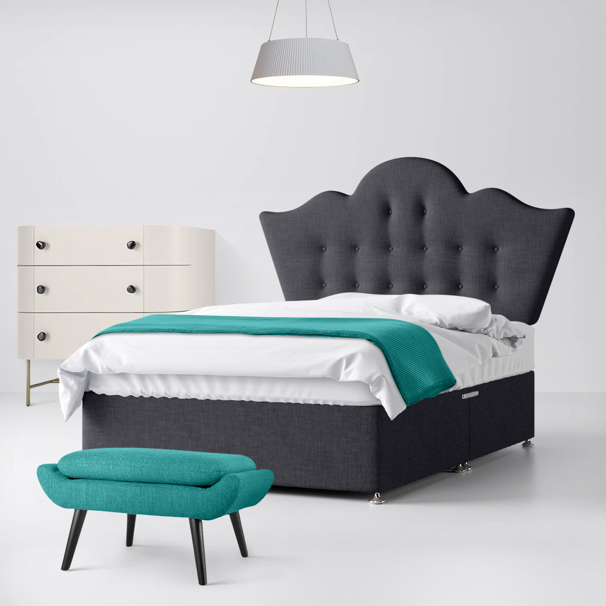 Super King Size - Divan Bed and Florence Buttoned Headboard - Dark Grey - Charcoal - Fabric - 6ft - Happy Beds
