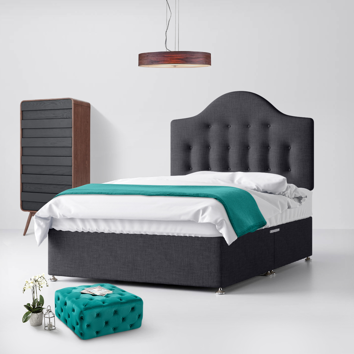 Small Double - Divan Bed and Victor Buttoned Headboard - Dark Grey - Charcoal - Fabric - 4ft - Happy Beds