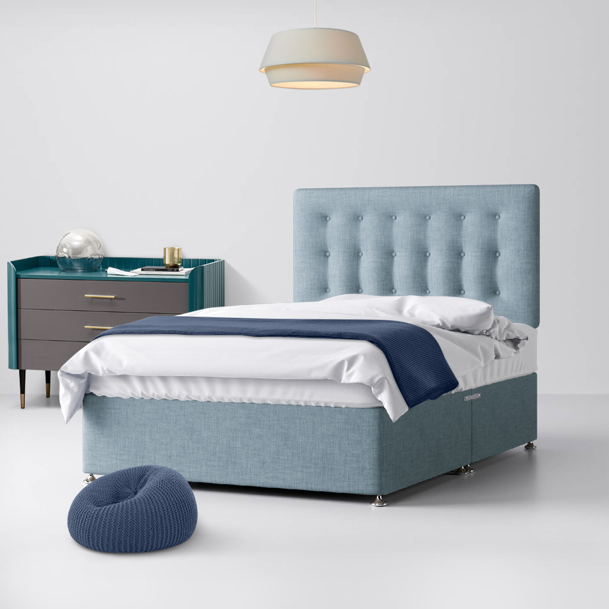 Small Double - Divan Bed and Cornell Buttoned Headboard - Duck Egg Blue - Fabric - 4ft - Happy Beds