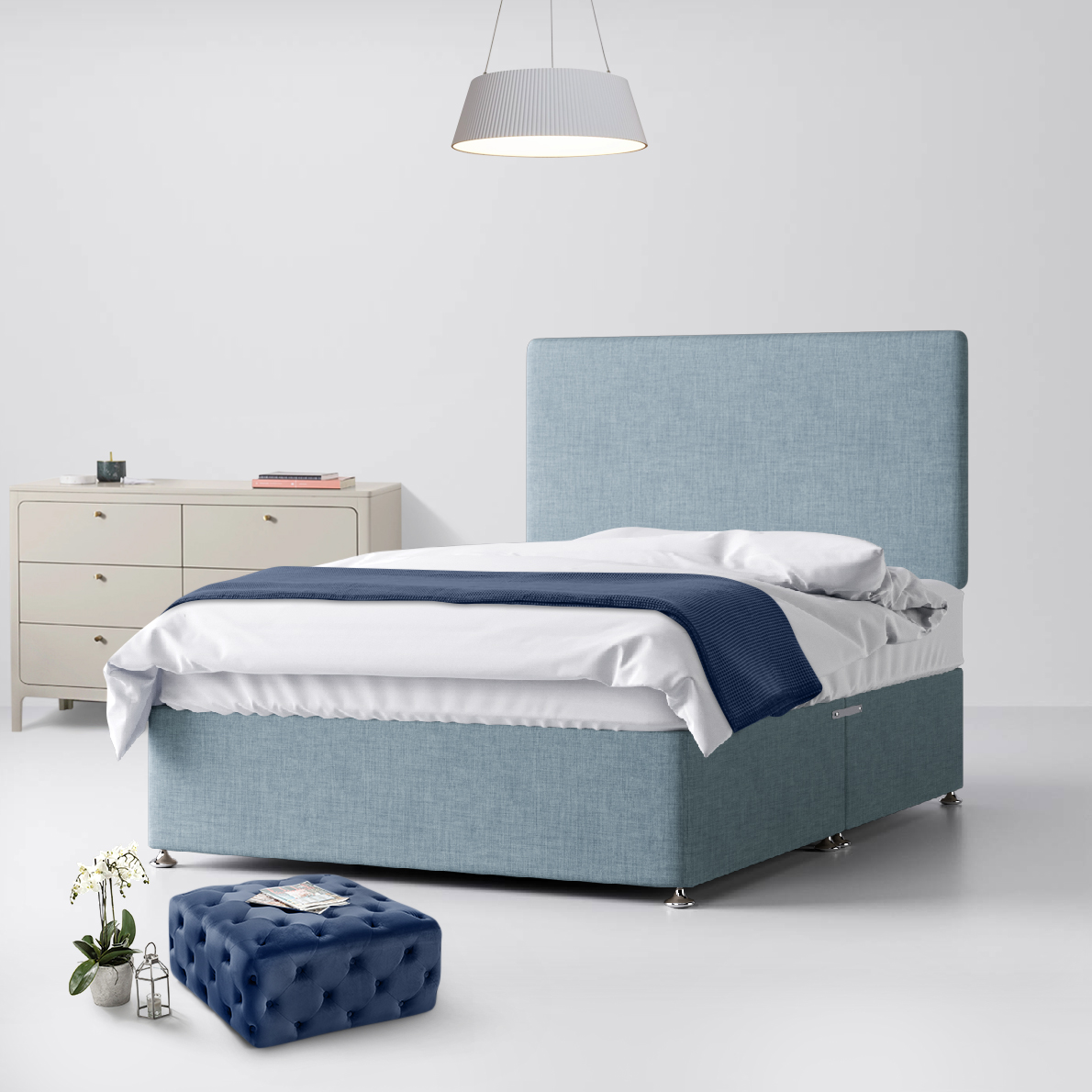 Small Single - Divan Bed and Cornell Plain Headboard - Duck Egg Blue - Fabric - 2ft6 - Happy Beds