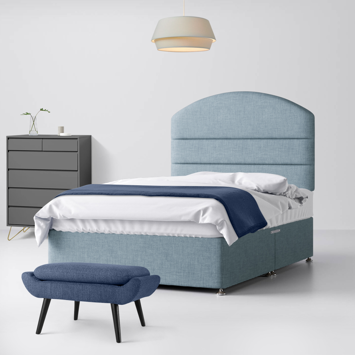 Small Single - Divan Bed and Dudley Lined Headboard - Duck Egg Blue - Fabric - 2ft6 - Happy Beds