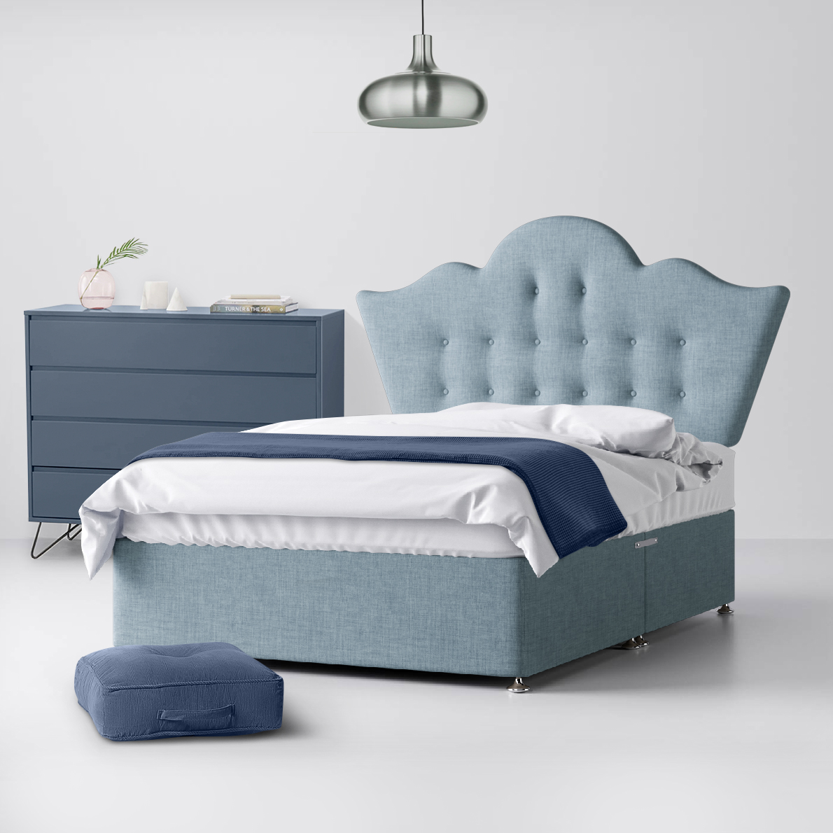 Small Double - Divan Bed and Florence Buttoned Headboard - Duck Egg Blue - Fabric - 4ft - Happy Beds