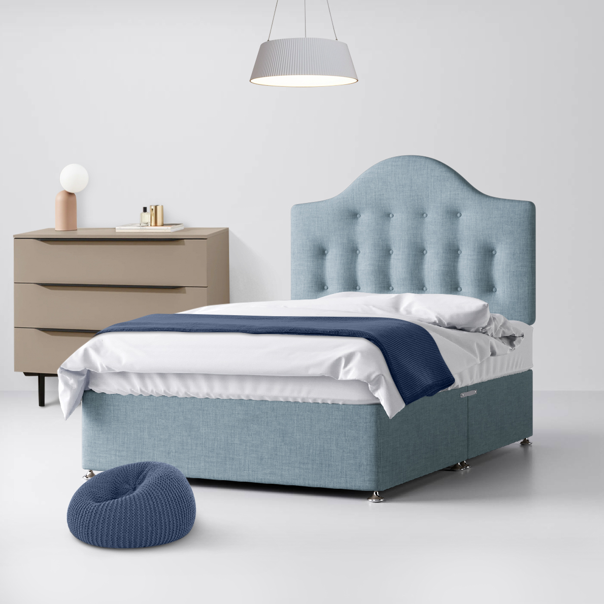 Small Single - Divan Bed and Victor Buttoned Headboard - Duck Egg Blue - Fabric - 2ft6 - Happy Beds