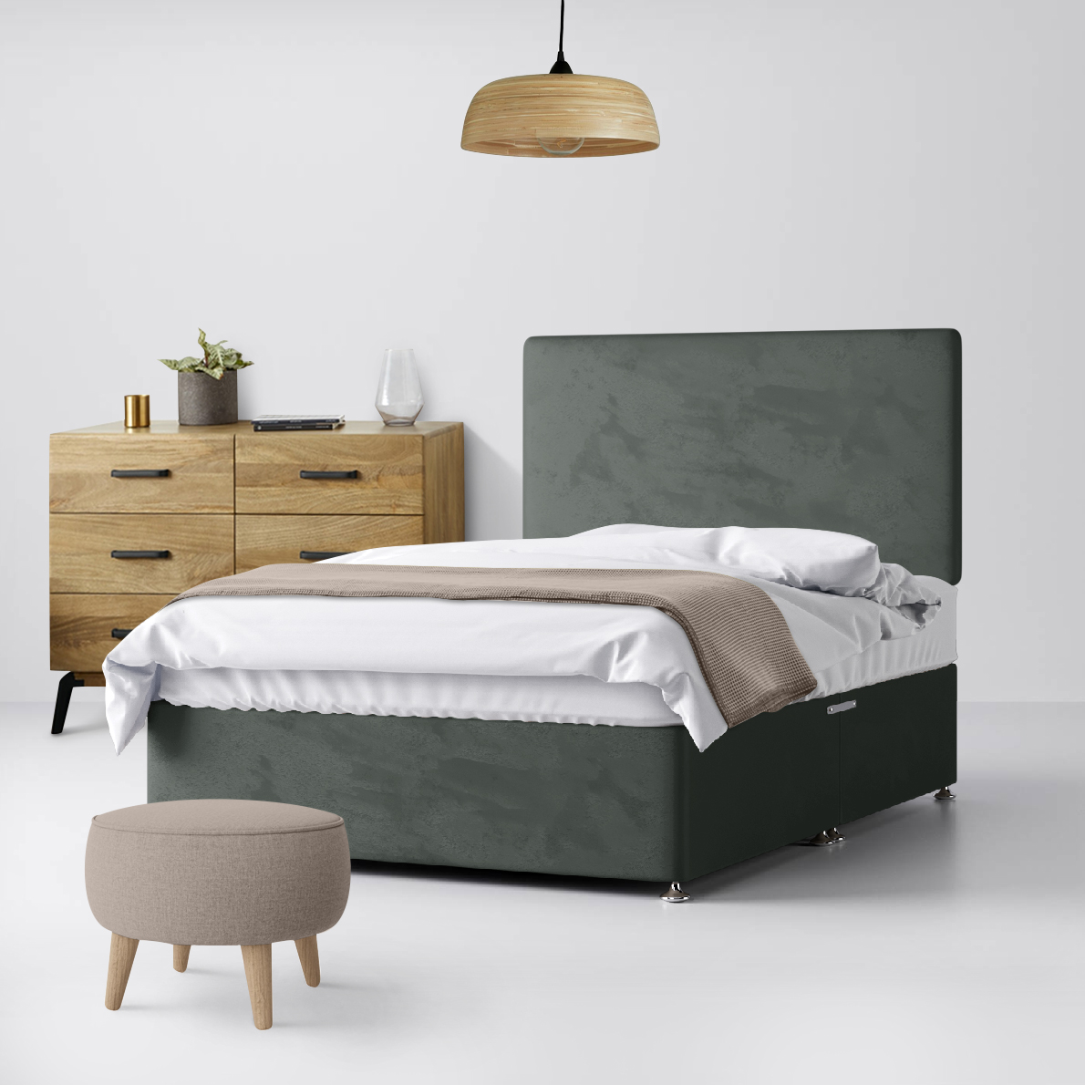 Small Double - Divan Bed and Cornell Plain Headboard - Dark Grey - Velvet - 4ft - Happy Beds