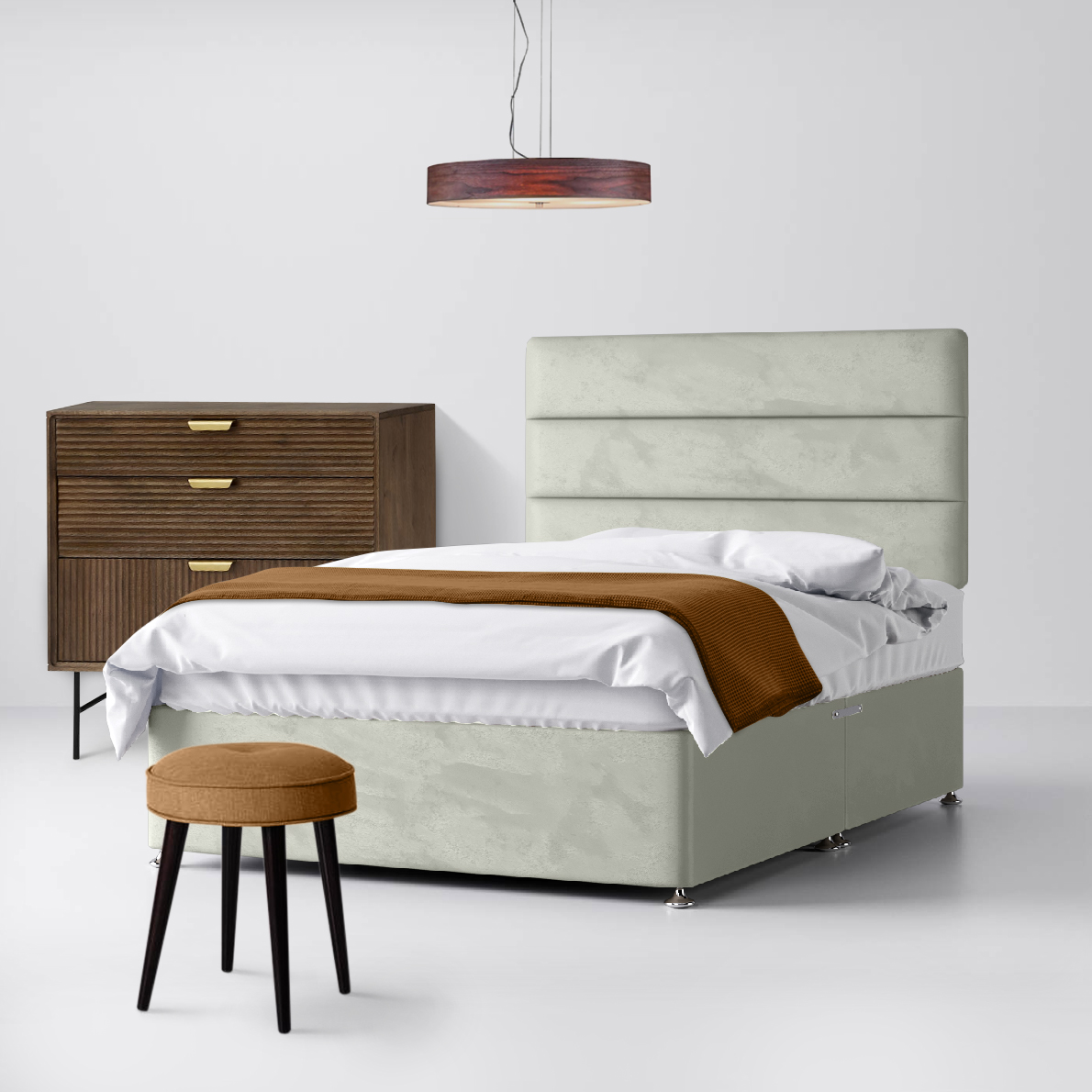 Small Double - Divan Bed and Cornell Lined Headboard - Light Grey - Velvet - 4ft - Happy Beds